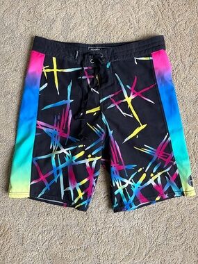 O'Neill Black Boardshorts with Neon Teal Pink Yellow Accents